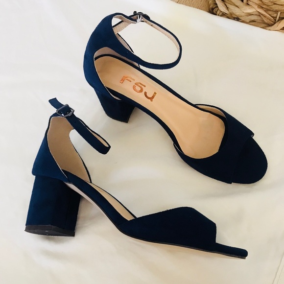 FSJ Shoes - Navy Comfortable Suede Peep Toe chunky Heels
